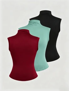 Sweetra CURVE Plus Size Camisole 3 Pieces Set, Mock Neck 3 Pieces Set, Multi-Color 3 Pieces Set - Multicolor - View 2
