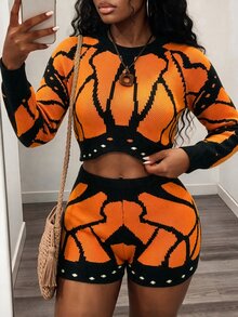 BamGleam Women's Colorblock Round Neck Long Sleeve Cropped Sweater And Knitted Shorts 2 Pieces Set - Multicolor - View 2