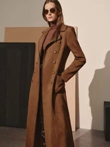 MOTF PREMIUM SUEDE VELVET CONTRAST BLACK PU SPROUT WAIST-CINCHING FLARED DOUBLE-BREASTED MID-LENGTH COAT FOR AUTUMN/WINTER - Brown - View 5
