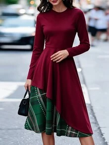 Balvessa Women's Autumn/Winter Plaid Patchwork Christmas Long Sleeve Dress - Burgundy - View 6