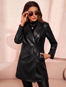SHEIN Clasi 女款秋冬經典PU皮革中長版夾克，翻領雙排扣設計 - 黑色 - 查看 5