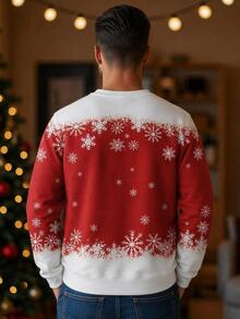 SHEIN [Excl, Baby & Kids]Christmas Red Standard Size Men's Fitted Regular Shoulder Crew Neck Pullover Sweatshirt With Thermal Lining - Red and White - View 3