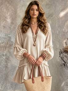Ceyna Bohemian Style Khaki Vertical Striped V-Neck Short Dress, Double Layer Ruffle Bell Sleeves Loose Fit, Bamboo Linen Texture Vacation Casual Plus Size Dress - Beige - View 4