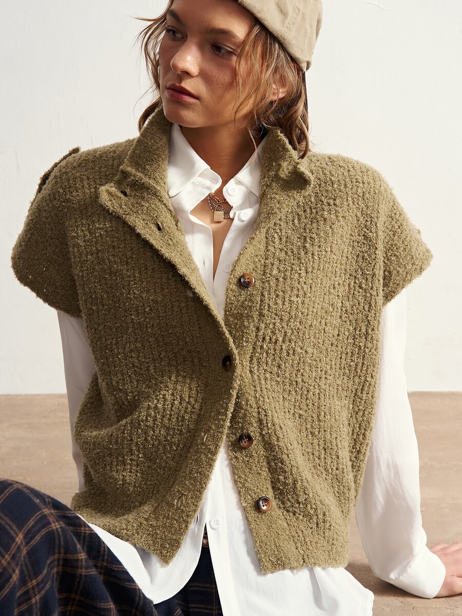 Bohemela Women's Solid Color Single-Breasted Casual Knit Cardigan - Army Green - View 1