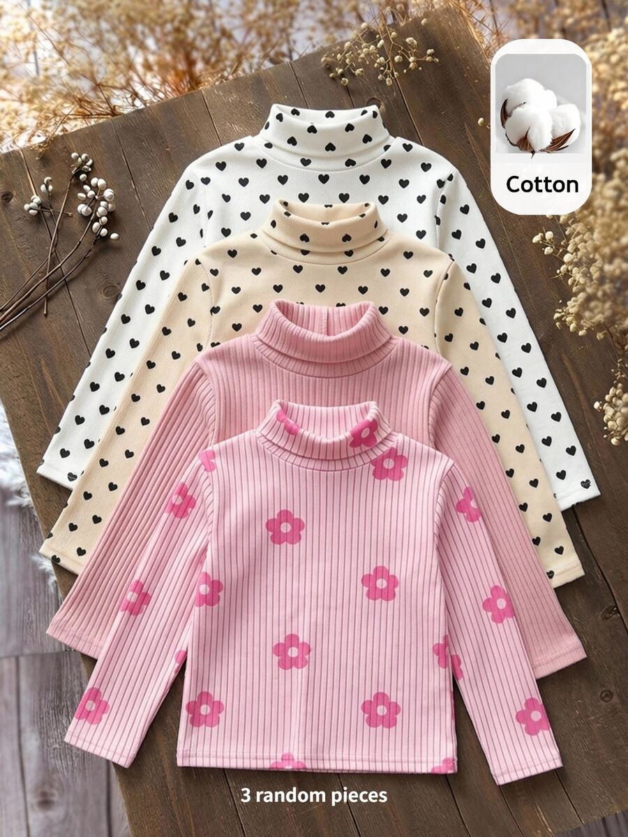 SHEIN Atasan Lengan Panjang Leher Tinggi Kasual untuk Bayi Perempuan (Paket 3) – Model Baru, Cocok untuk Musim Gugur/Musim Dingin - MultiWarna - View 1