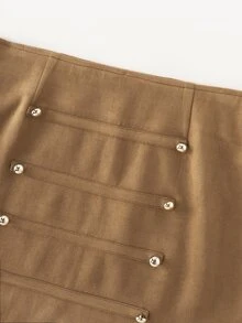 SHEIN تنورة نسائية من الجلد المدبوغ بأزرار نابليون، تنورة قصيرة بنمط A-Line باللون البني، ملابس بسيطة للتنقل اليومي في الخريف/الشتاء، ملابس للحفلات - كاكي - مشاهدة 5