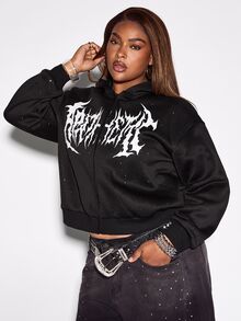 ROMWE Street Life Plus Size Women's Sequin Effect Street Letter Zip-Up Sweatshirt - Black - View 5