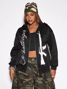 ROMWE Grunge Punk Plus Size Women's Letter Print Long Sleeve Zip-Up Hooded Sweatshirt - Black - View 8