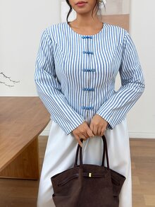Lounesse Blus Elegan Bergaris Kancing Depan untuk Wanita Ukuran Besar - Biru - View 6