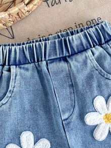 SHEIN 2pcs Toddler Girl Top Flare Jeans Sweet Yellow Blue Daisy Ribbed Ruffle Long Sleeve Round Neck Regular Holiday Spring Princess Birthday Raw - Yellow - View 4