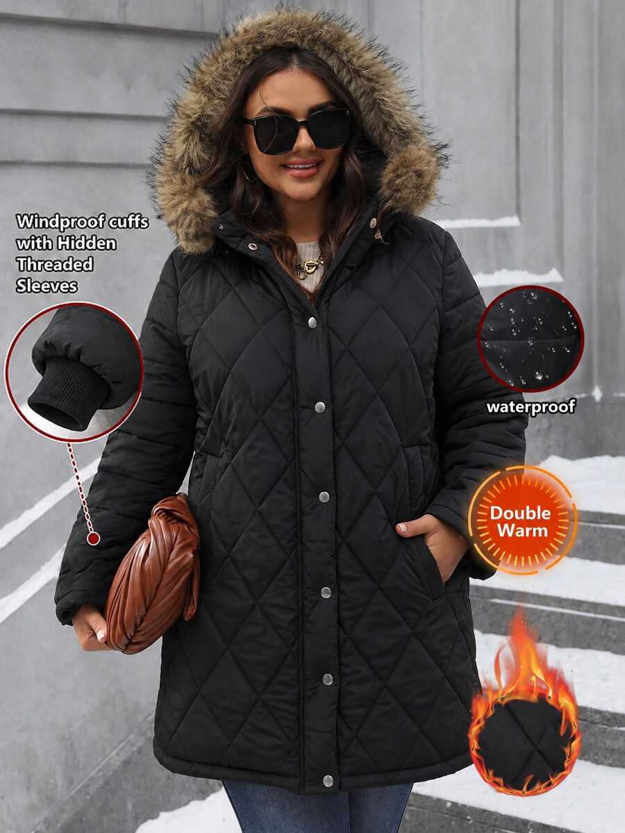 EMERY ROSE Plus Size Casual Black Padded Coat With Pockets, Detachable Fur Collar Hood, Ribbed Cuffs, Mid-Length, Diamond Quilted & Straight Stripe Patchwork - Black - View 1