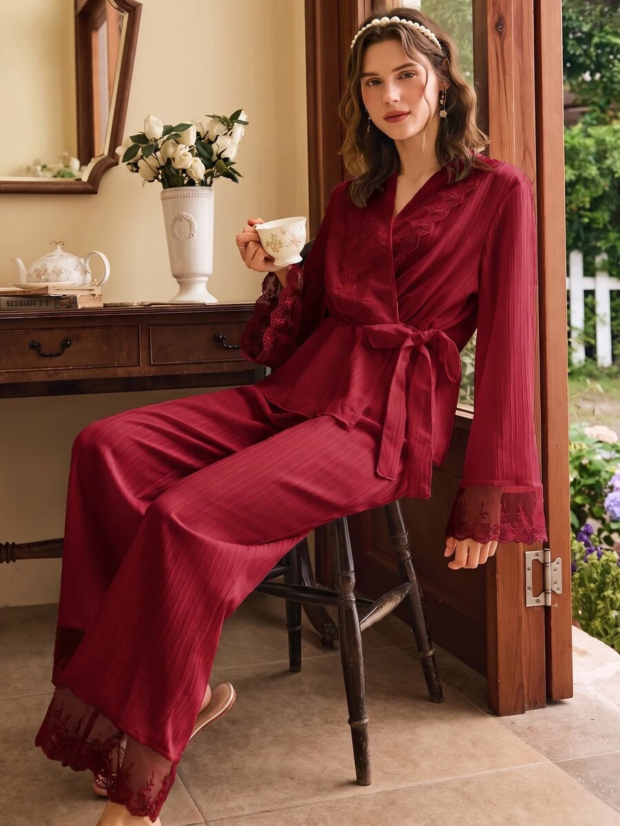 Côtesoire French Romantic Lace Patchwork Tie-Up Women's Pajama Set - Burgundy - View 1