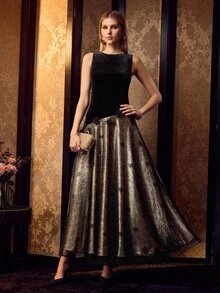 MOTF PREMIUM ELEGANT CREW NECK SLEEVELESS CONNECT LACE HEM MAXI GOWN FOR FORMAL EVENING PARTY, WEDDING, GALAS - Black - View 3