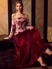 MOTF Soiréza ELEGANT OFF SHOULDER LONG SLEEVES MAXI GOWN WITH BEADED EMBROIDERY FOR FORMAL PARTY, WEDDINGS, GALAS - Burgundy - View 3