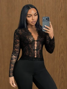 SHEIN SXY ملابس علوية نسائية مثيرة من الدانتيل الشفاف - الأسود - مشاهدة 7