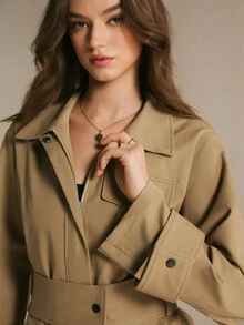 Poéselle Women's Solid Color Long Sleeve Zip-Up Casual Trench Coat Winter Jacket Khaki Belted Utility Trench Jacket, Zip-Front Long Sleeve Safari Coat - Khaki - View 8