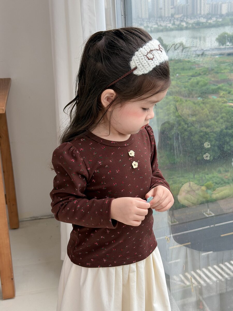 DAZY Atasan Kasual Lengan Panjang Berkerah Bulat Motif Bunga Kecil untuk Bayi Perempuan - Coffee Brown - View 1