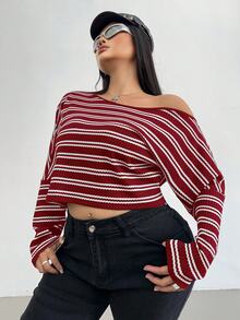 Flirla 大尺碼女款黑白條紋華夫格斜肩長袖T恤，春秋日常休閒簡約圖案上衣 - 酒紅色 - 查看 7