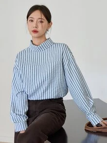 Dazy-Less Women's Striped Stand Collar Drop Shoulder Loose Casual Shirt - Blue - View 4