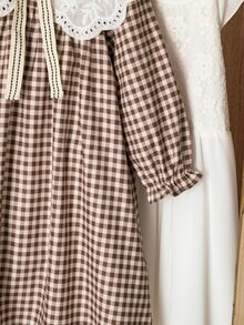 SHEIN Genkimix Kids 1件女童秋季新款清新格紋寬鬆長袖洋裝，彈性袖口、精緻領口、後開襟設計，清新時尚學院風，適合外出與通勤，百搭 - 彩色 - 查看 4