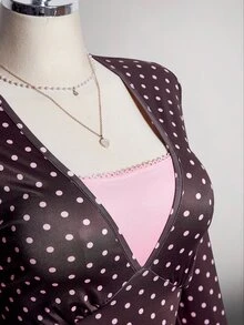 SHEIN ICON طقم كاجوال 2 في 1 بمقاس كبير بتصميم فينتاج Y2K بنقاط بولكا وألوان متباينة وردي وبني - بني مخاوي - مشاهدة 9