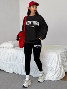 SHEIN EZwear 2件組紐約印花寬鬆圓領運動衫與緊身長褲，秋冬款 - 黑色 - 查看 5