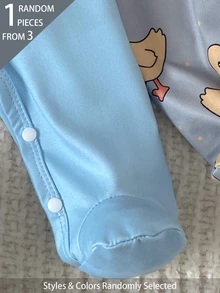 SHEIN Playful Pals 3件隨機發送 1件]春夏針織圓領長袖連身褲，可愛鴨子卡通數位印花設計，獨特圖案，休閒百搭時尚風格，居家穿著，優質之選 - 彩色 - 查看 3