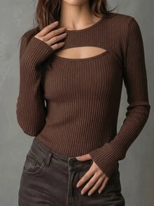 New Women's Fashion Casual Versatile Ribbed Silver Glitter Round Neck Long Sleeve T-Shirt - Brown - View 4