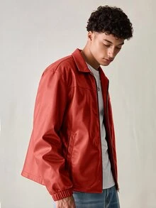 SWAVVY Men's Woven Fashion Casual Young PU Leather Fitted Long Sleeve Jacket - Red - View 3