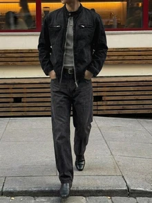 DAZY Spring/Autumn Black Washed Distressed Street Style Korean Fashion Men's Denim Jacket - Dark Grey - View 6