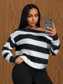 SHEIN SXY Women's New Autumn/Winter Blue And White Striped Pullover Sweater - Blue and White - View 1