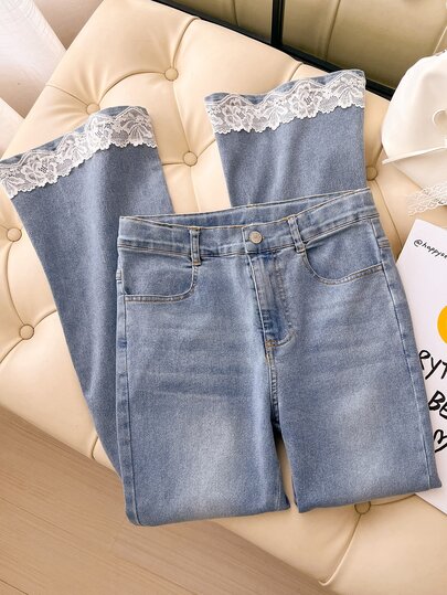 Girls' Denim Stretch Flare Leggings, Cute Casual Street Fashion Vacation Design Versatile Medium Wash Blue, All-Match Minimalist Adjustable Elastic Waistband Cat Whisker Wash Effect Lace Trim Decor Stretch Slim Fit Denim Flare Leggings, Comfortable Cotton Denim Fabric For Daily Wear, Party, School, Commute