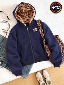 SHEIN Tween Girls Zip Up Hoodie Leopard Fleece Lined Print Jacket Sweatshirt - Blue - View 1