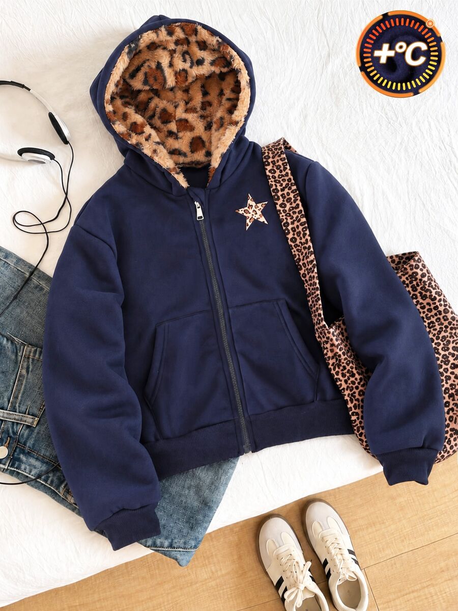 SHEIN Tween Girls Zip Up Hoodie Leopard Fleece Lined Print Jacket Sweatshirt - Blue - View 1