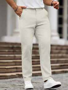 Manfinity Homme Men's Solid Color Pocketed Casual Straight Leg Pants, Fall - Beige - View 4