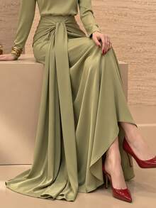 Graceveil Elegant Waist Twist Knot Wrap Tie Draped Flared Split Long Skirt - Green - View 1