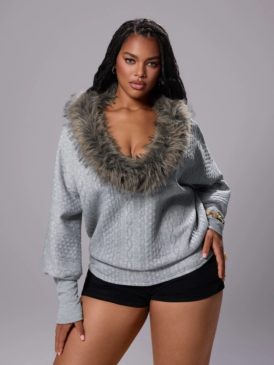 Rustia Casual Faux Cable Knit Batwing Sleeve Asymmetrical Shoulder V-Neck Sweatshirt Top - Grey - View 1