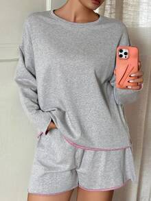 Dazy Plus Set Pakaian Santai 2 Potong: Kaos Lengan Pendek Polos Longgar & Celana Pendek Piyama Lurus - Grey - View 1