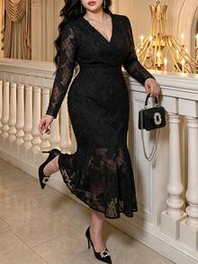 Vibekara Elegant French Style V-Neck Jacquard Fish Tail Hem Long Sleeve Plus Size Women's Dress For Early Autumn Commute And Party Fall - Black - View 3