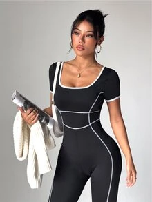 SHEIN Dewbera Women's Square Neck Short Sleeve Piped Trim Daily Fitness Sports Jumpsuit - Black and White - View 4