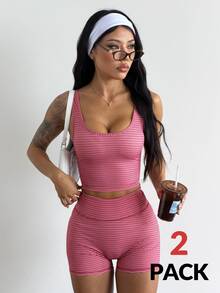 Coolane Women's Summer Yoga Leisurewear Active Multi Color Stripe Cami Top And Short Pink Two Pieces Set - Pink - View 3