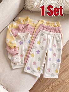 1套女嬰花卉與雛菊印花1/4拉鍊立領運動衫與寬腿運動褲2件套，秋冬運動套裝 - 彩色 - 查看 1
