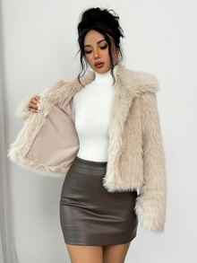 SHEIN Clasi 女款秋冬時尚休閒極簡風牛角扣設計人造毛皮面料，適合日常通勤、外出、購物的人造毛皮外套 - 卡其色 - 查看 6