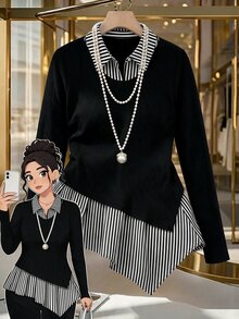 EMERY ROSE Plus Size 2 In 1 Ribbed Collared Top, Asymmetrical Hem Ribbed Knit Long Sleeve T-Shirt, Suitable For Daily Commute, Casual Wear, Light Social Occasions, Layering - Black - View 1