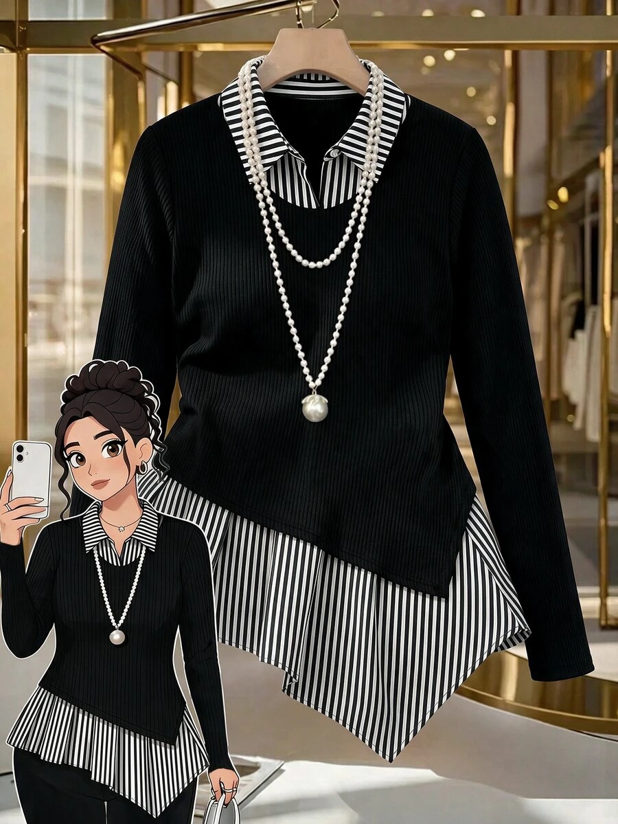 EMERY ROSE Plus Size 2 In 1 Ribbed Collared Top, Asymmetrical Hem Ribbed Knit Long Sleeve T-Shirt, Suitable For Daily Commute, Casual Wear, Light Social Occasions, Layering - Black - View 1
