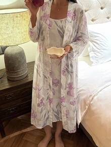 DAZY 2pcs Floral Print Sleeveless Camisole Dress & Long Cardigan Robe Women's Pajama Set - White - View 3