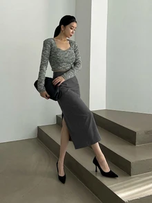 女款素色優雅職場直筒開衩鉛筆裙，秋季裙裝 - 灰色 - 查看 4