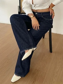 Dazy Plus Light Wash Distressed Wide Leg Long Jeans, Suitable For Tall Women, Plus Size, Spring/Summer - Dark Wash - View 1