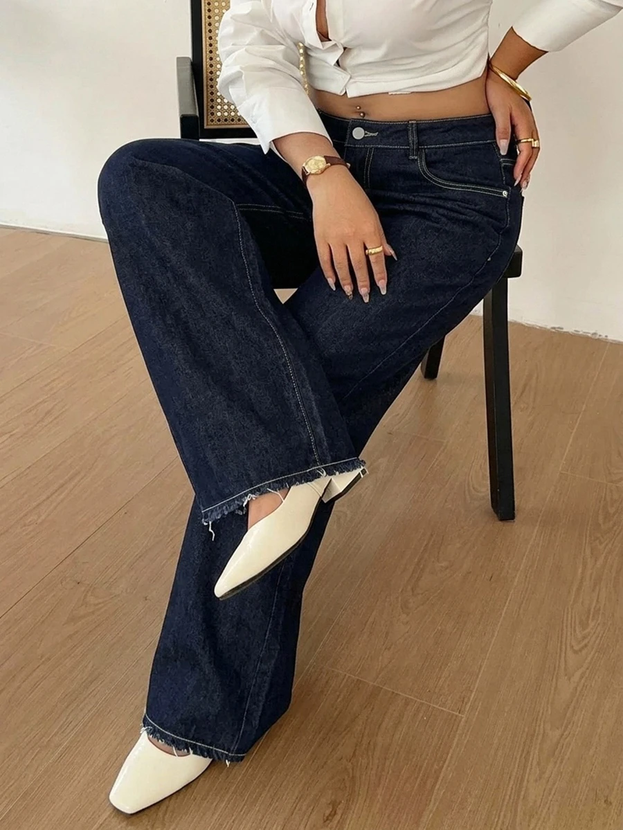 Dazy Plus Light Wash Distressed Wide Leg Long Jeans, Suitable For Tall Women, Plus Size, Spring/Summer - Dark Wash - View 1