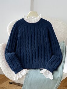 SHEIN 女童秋冬休閒保暖內裡加厚拼接刺繡蕾絲飾邊寬鬆落肩長袖套頭針織衫，甜粉色返校兒童毛衣，秋冬款 - 藍色 - 查看 3